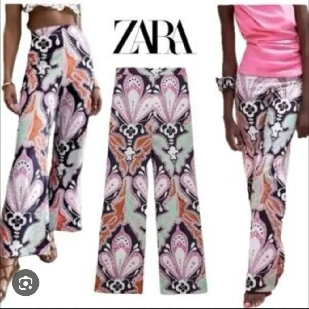 Zara Linen Blend Multicolor Wide Leg Long Pants High Rise 70s Hippie Boho Tall L